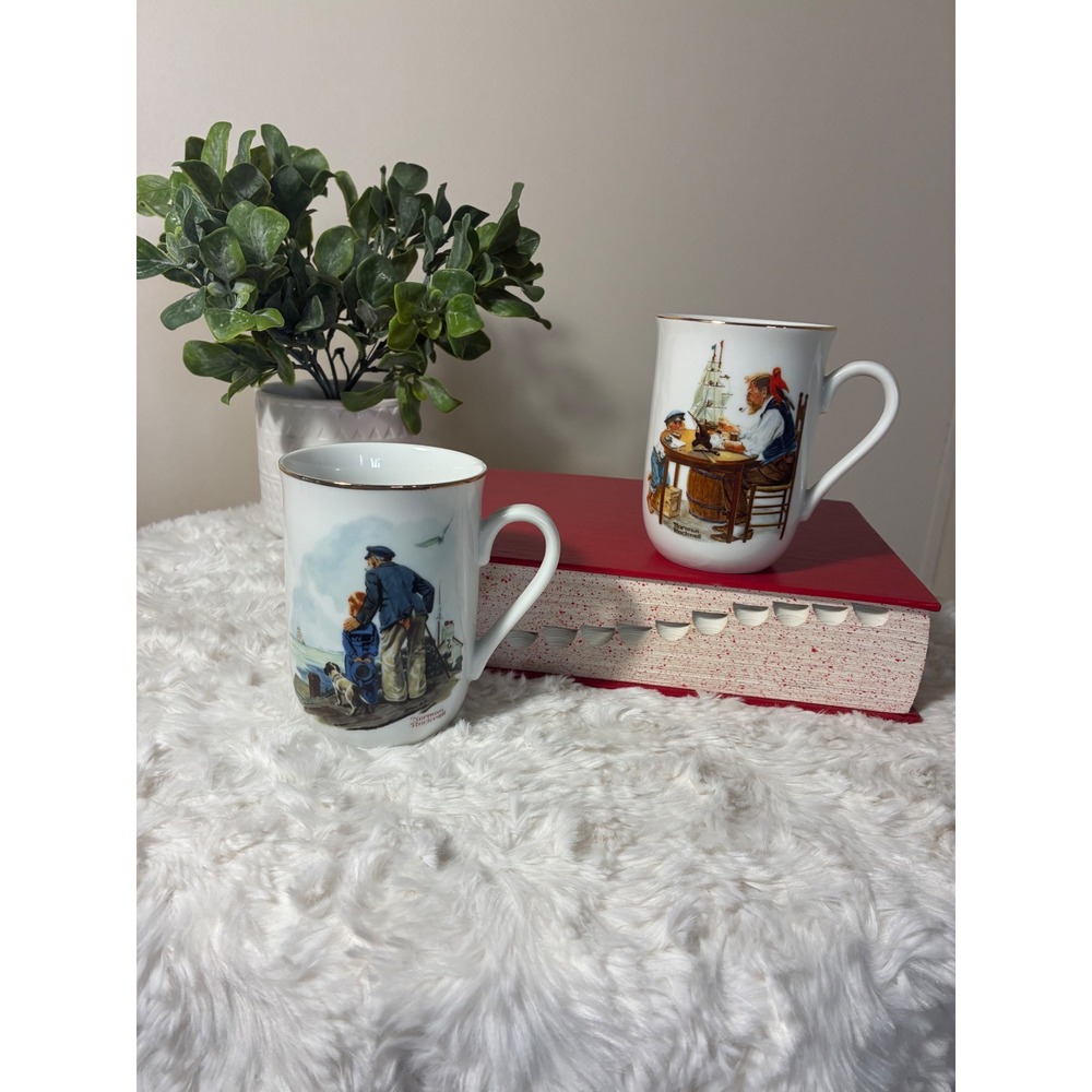 VTG Norman Rockwell Museum Coffee Mug Set Nautical Sea Captain Ship Gold Rim 2pc